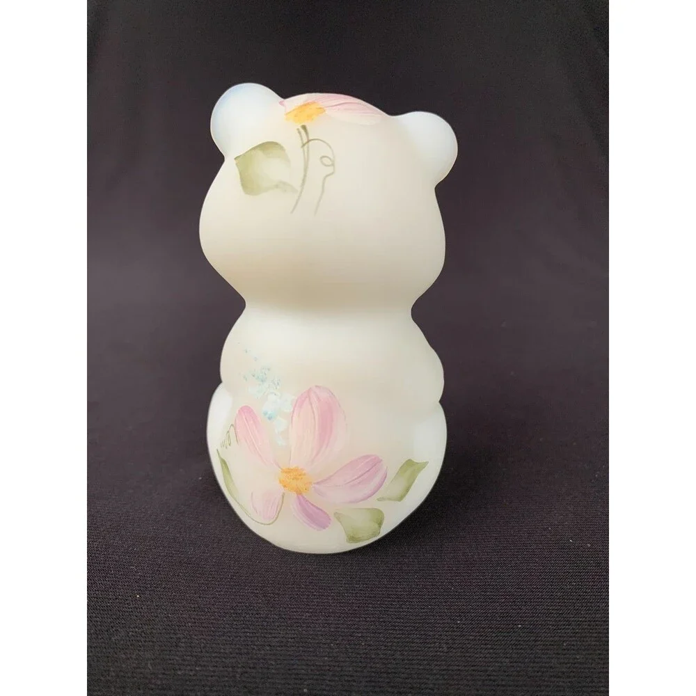 Vintage Fenton Glass Bear White Satin 2 Rhinestones 3.50” Figurine Hand Painted
